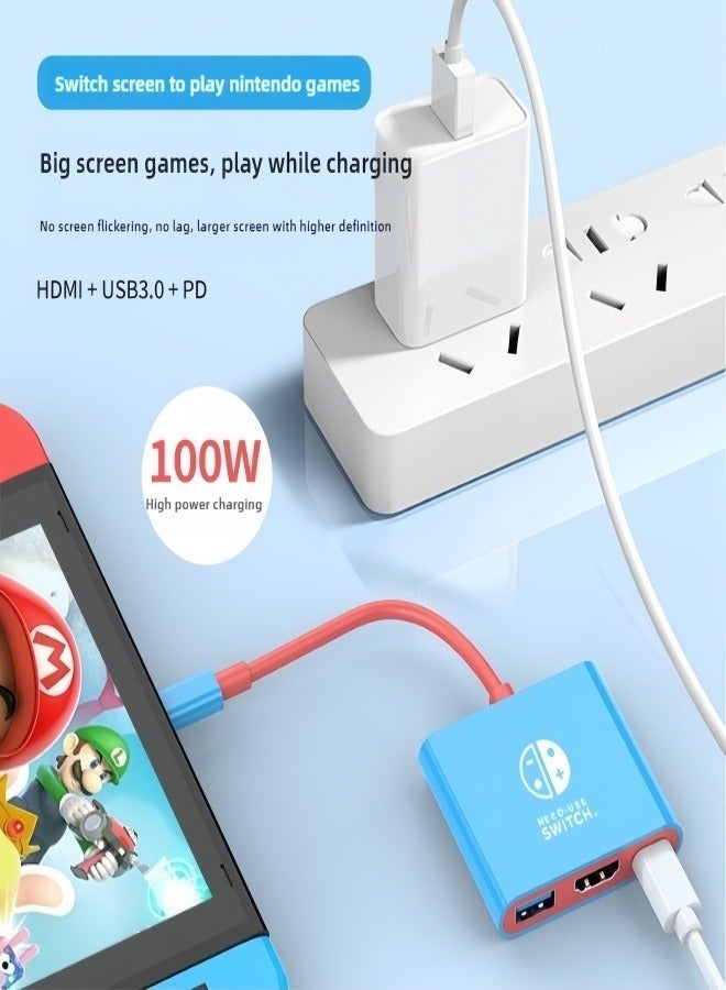 Stars Market Switch2 Portable Screen Mirroring Device Type-C Dock Supports 4K/60Hz HD HDMI + USB 3.0 + PD 100W Charging Compatible with Switch 2 / Switch 1 [Blue and Red] - Image 3